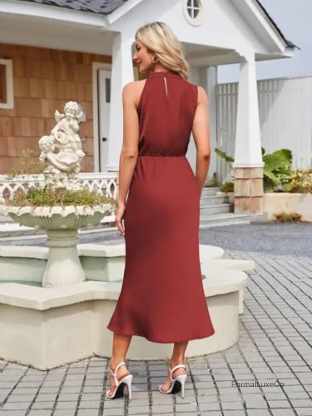 Satin Maxi Dress Sleeveless Mock Neck Ruched Cocktail Wedding Guest